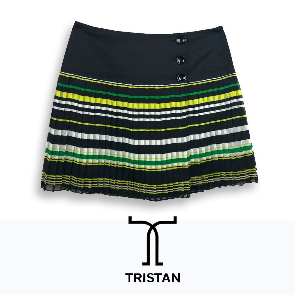Tristan of Quebec sheer layered mini pleated skirt dark blue lime green white 10